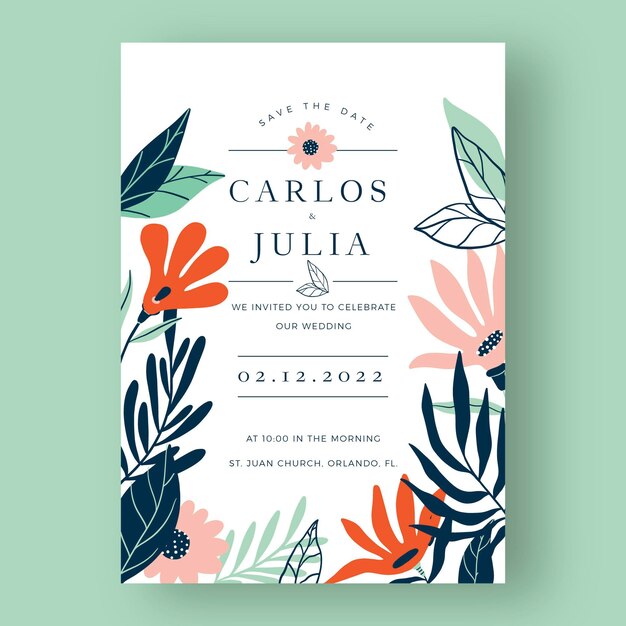 Invitación de boda floral dibujada a mano