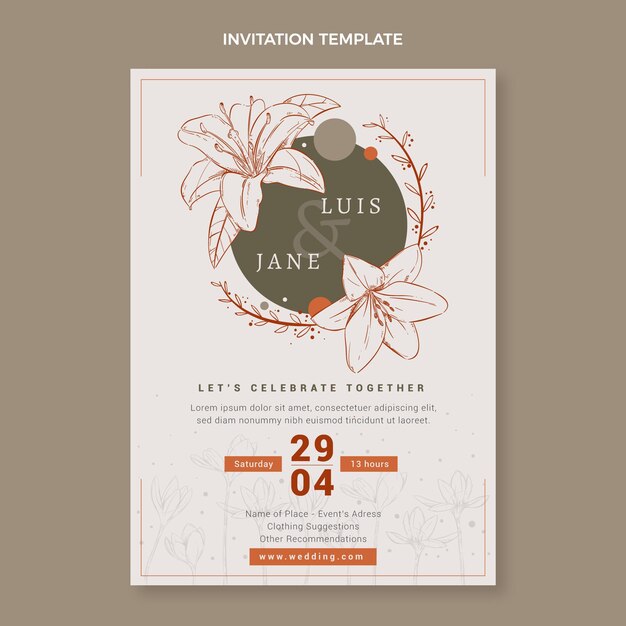 Invitación de boda floral dibujada a mano