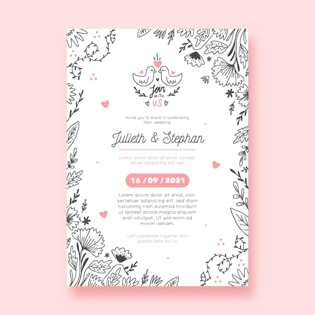 Invitación de boda floral dibujada a mano