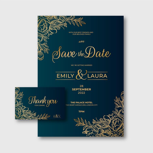 Invitación de boda floral dorada degradada