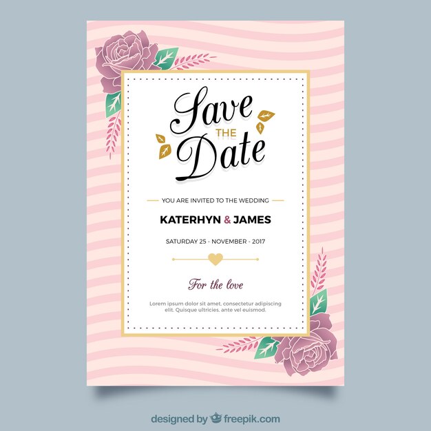 Invitación de boda floral con elementos dorados