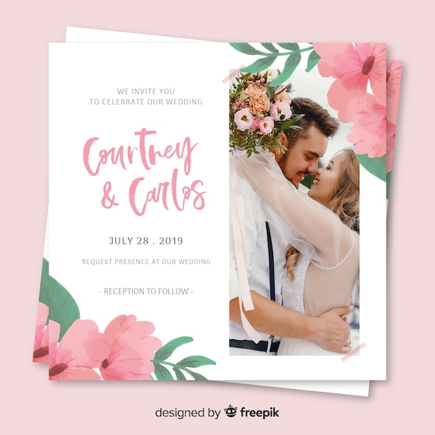 Invitación de boda floral con foto