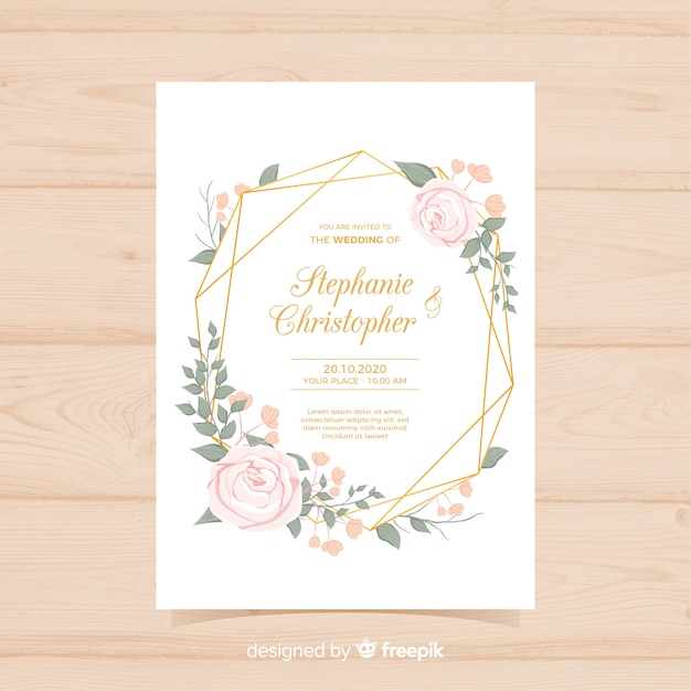 Vector gratuito invitación de boda floral con líneas doradas