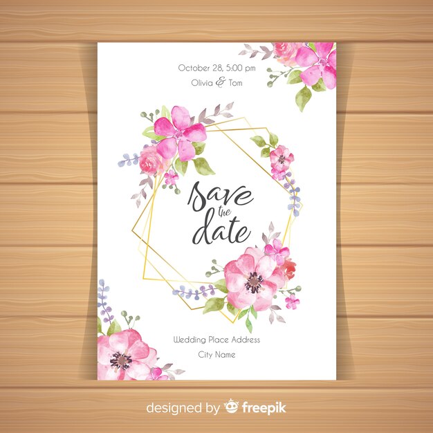 Invitación de boda floral con marco dorado