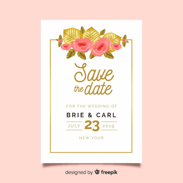 Invitación de boda floral con marco dorado