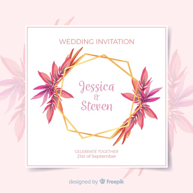 Invitación de boda floral con marco dorado