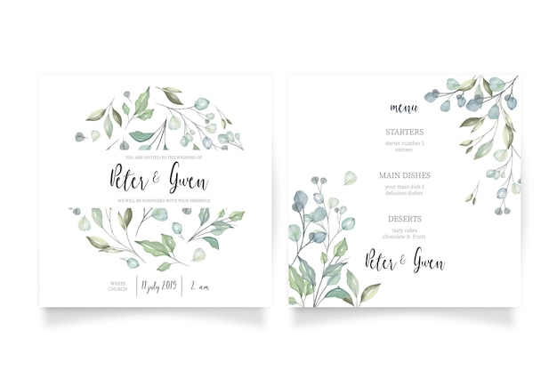 Invitación de boda floral con menú