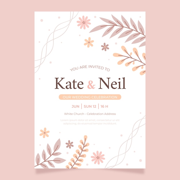 Invitación de boda floral mínima plana