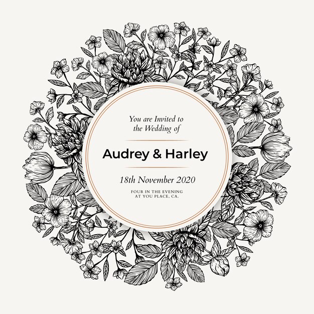 Invitación de boda floral realista dibujado a mano
