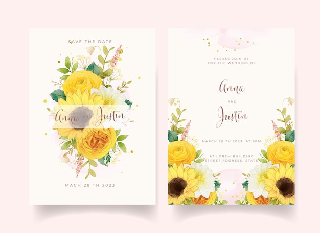 Invitación de boda con flores amarillas acuarelas