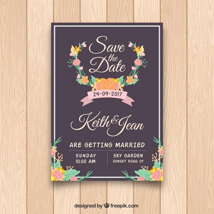 Vector gratuito invitación de boda con flores y cinta