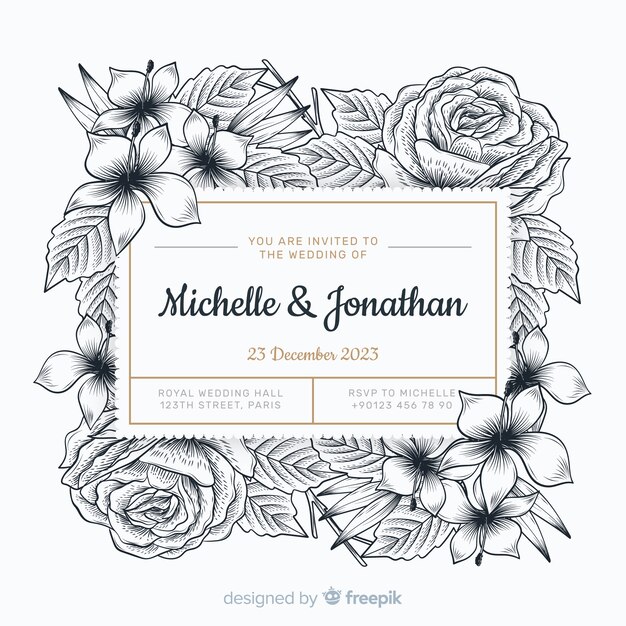 Invitación de boda con flores dibujadas a mano