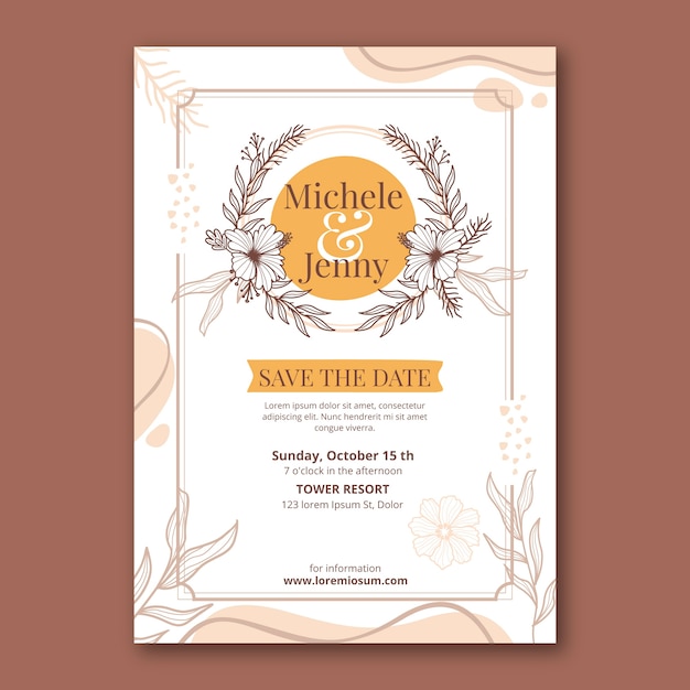 Invitación de boda con flores dibujadas