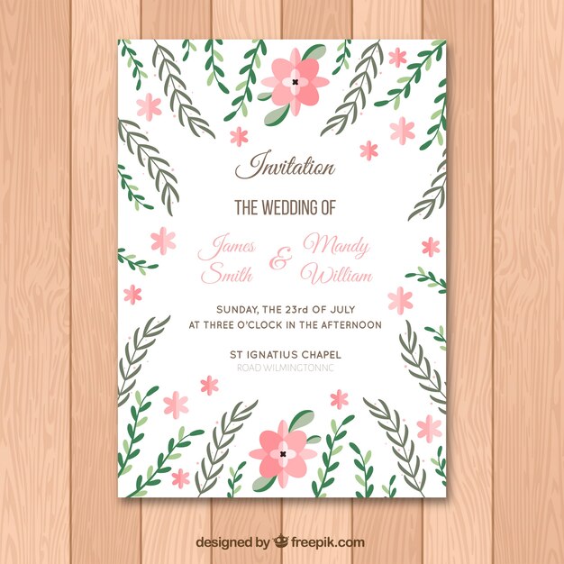Invitación de boda con flores de diseño plana