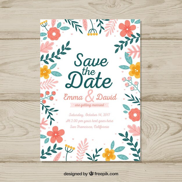 Invitación de boda con flores de diseño plano