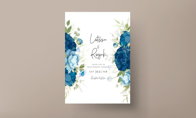 Invitación de boda de flores de peonía azul dibujada a mano