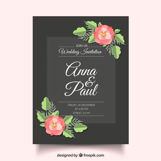 Invitación de boda con flores planas