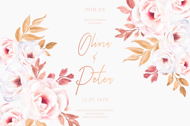 Vector gratuito invitación de boda con flores románticas y hojas doradas