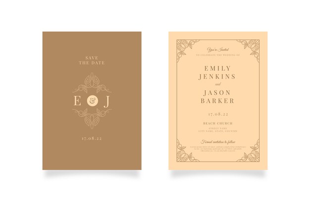 Invitación de boda formal dibujada a mano