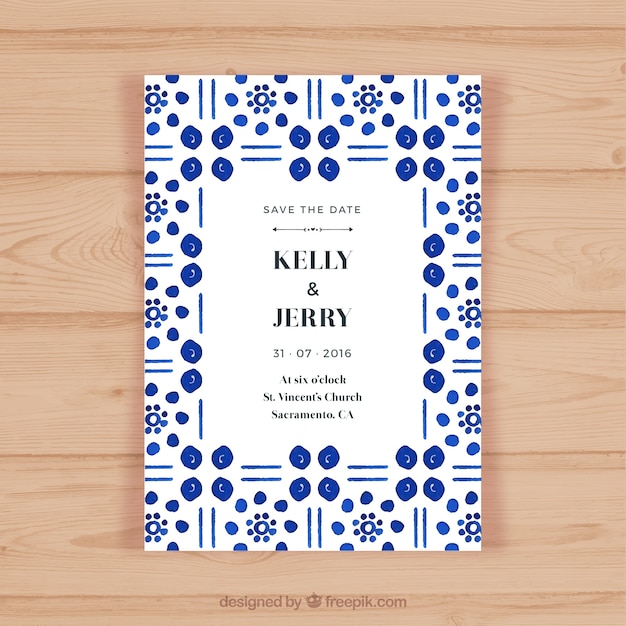 Invitación de boda con formas abstractas azules