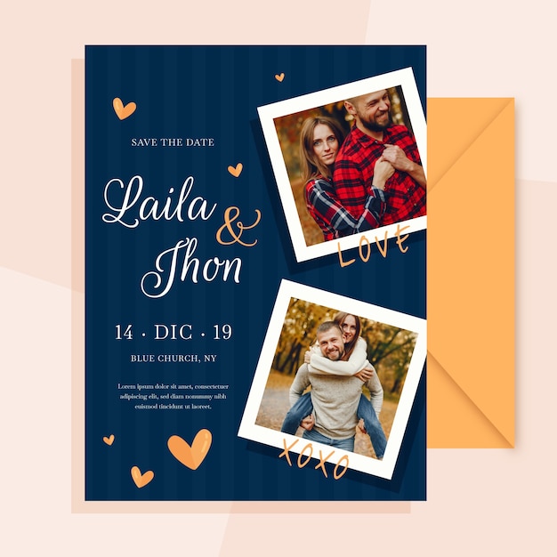 Invitación de boda con foto de pareja comprometida