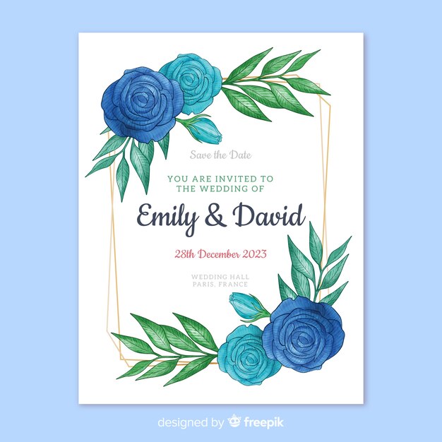 Invitación de boda de hermosas flores azules