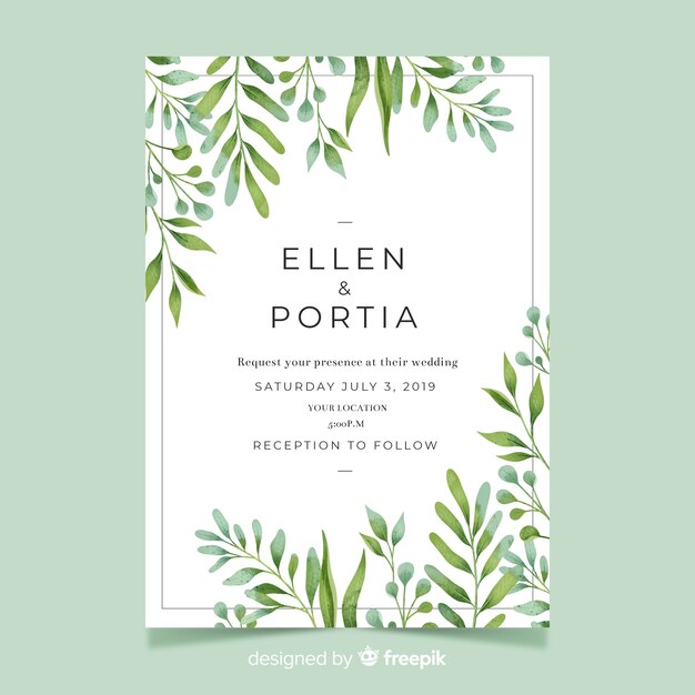 Invitación de boda con hojas de acuarela
