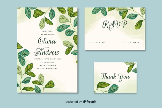 Invitación de boda con hojas dibujadas a mano