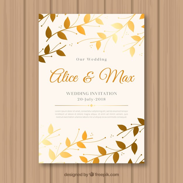 Invitación de boda con hojas doradas