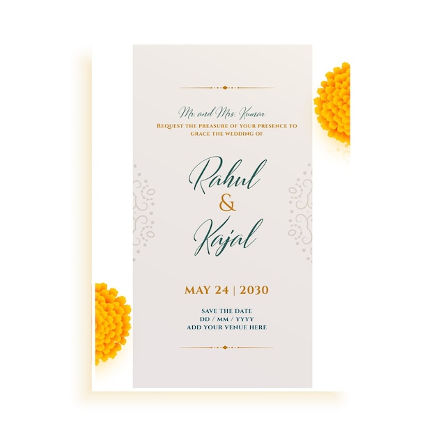 Invitación de boda india elegante en tema blanco con flor