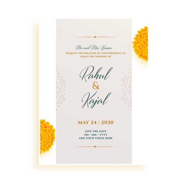 Invitación de boda india elegante en tema blanco con flor