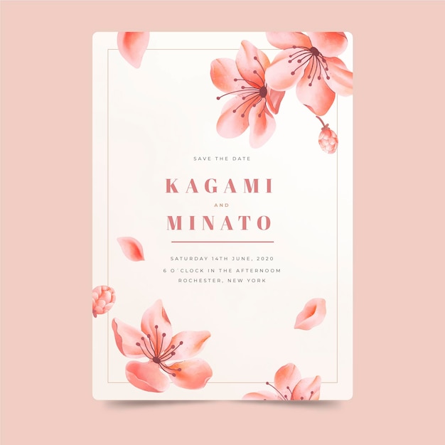 Invitación de boda japonesa con flores cayendo