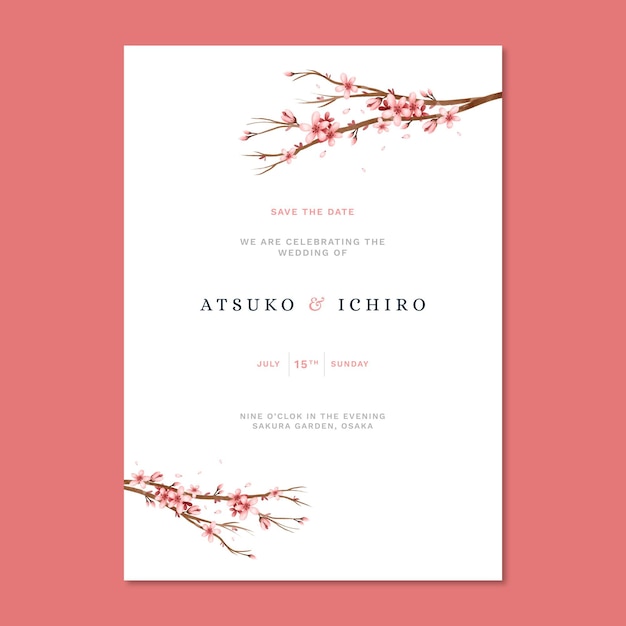 Invitación de boda japonesa con flores de sakura