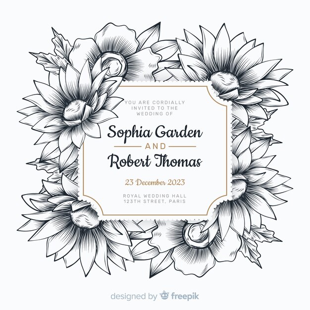 Invitación de boda linda con flores dibujadas a mano