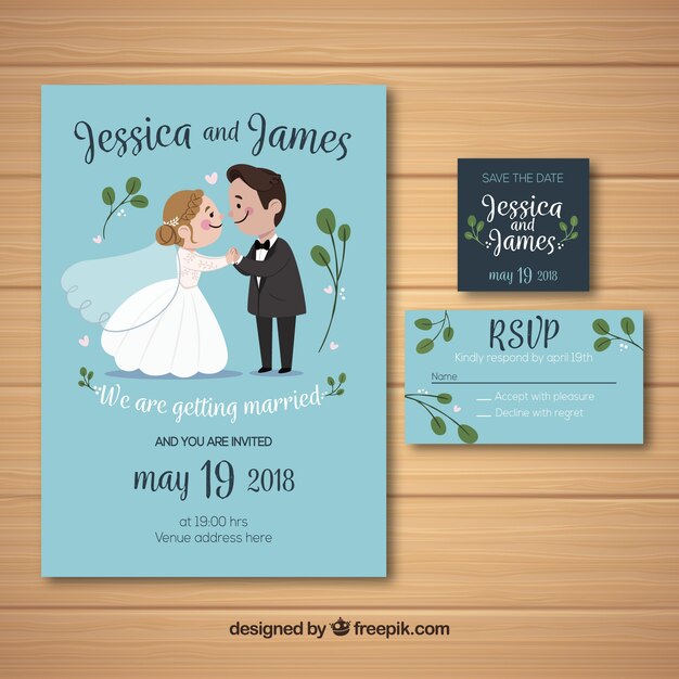 Invitación de boda con linda pareja en estilo hecho a mano 