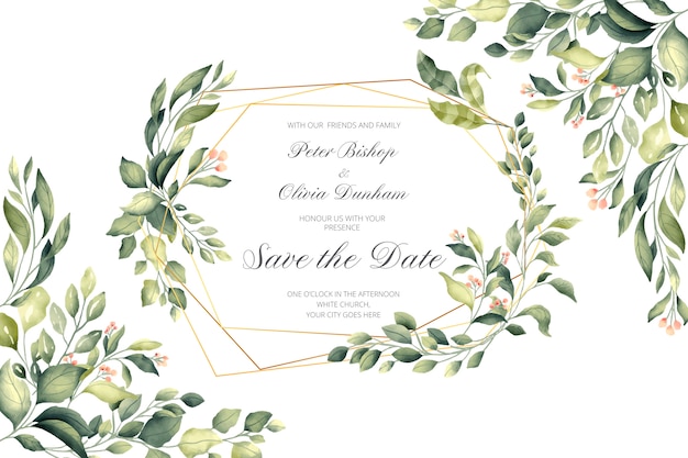 Invitación de boda con marco dorado y hojas verdes