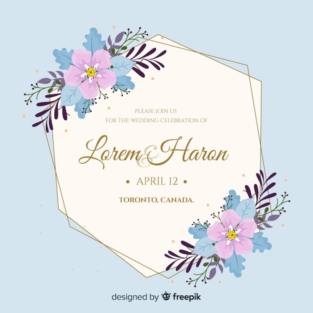 Invitación de boda marco floral azul y rosa en diseño plano