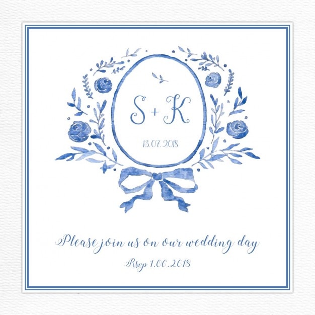 Invitación de boda con un marco floral azul