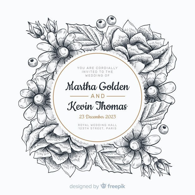 Invitación de boda con marco floral dibujado a mano