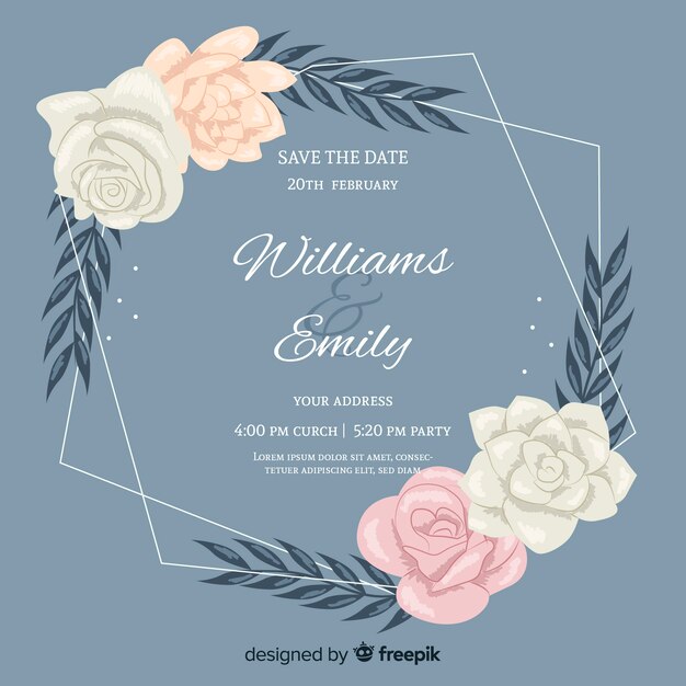 Invitación de boda marco floral con diseño plano