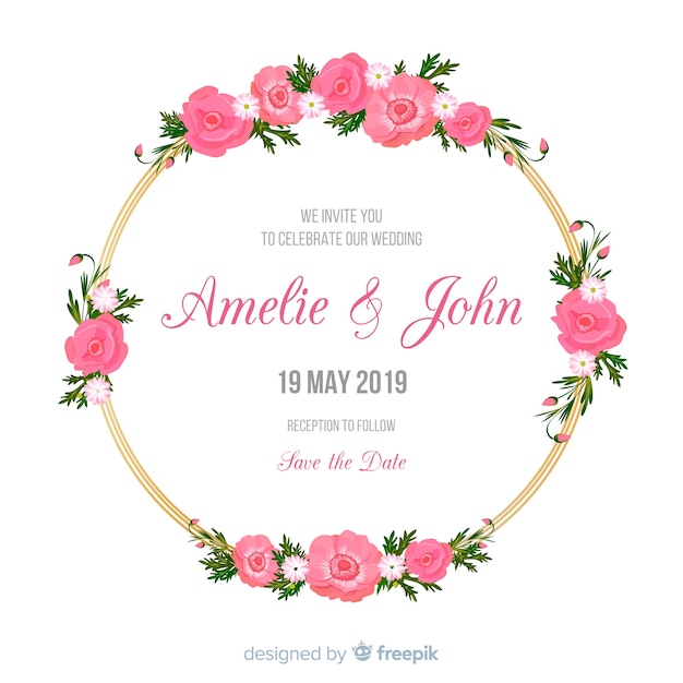 Invitación de boda con marco floral dorado.