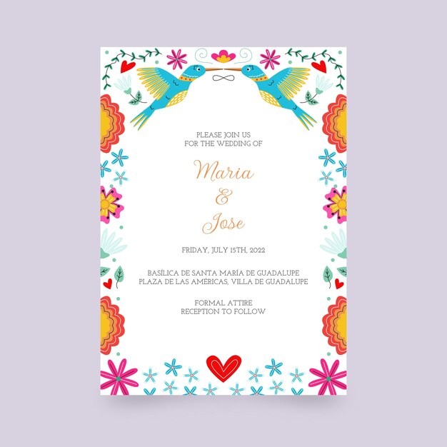 Invitación de boda mexicana diseño plano dibujado a mano