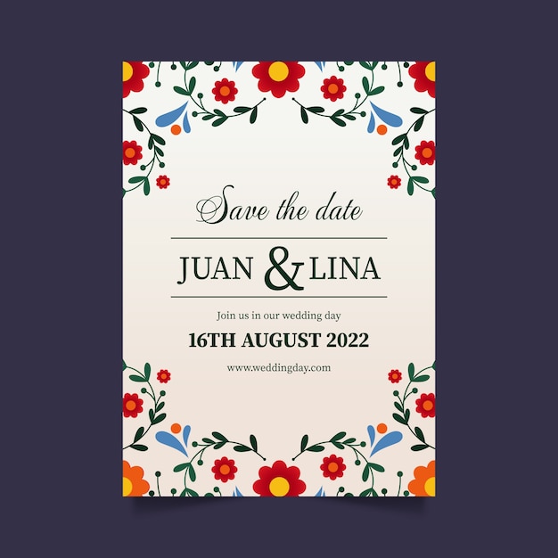 Invitación de boda mexicana en diseño plano