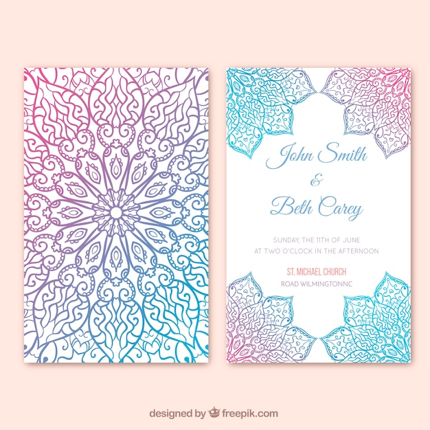 Invitación de boda multicolor con diseño de mandala