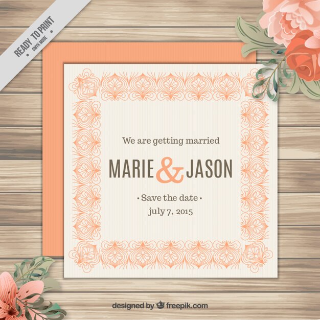 Invitación de boda naranja con ornamentos