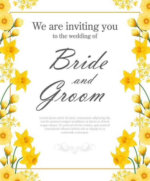 Invitación de boda con narcisos amarillos y gerberas.