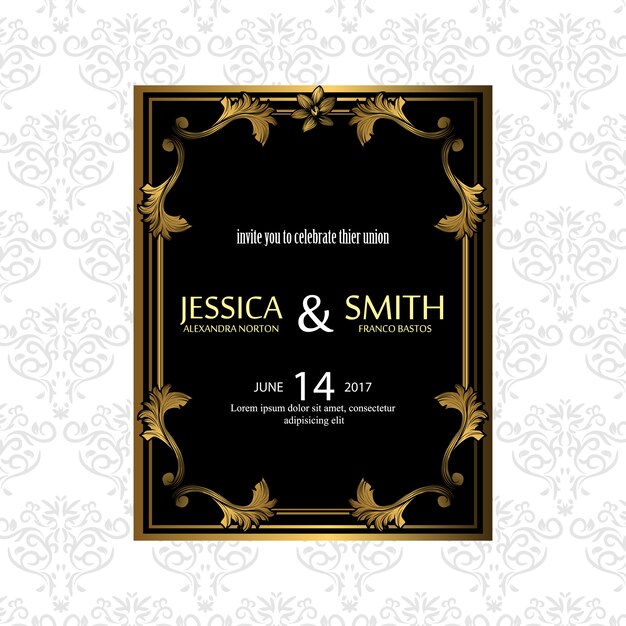 Invitación de boda negra y dorada