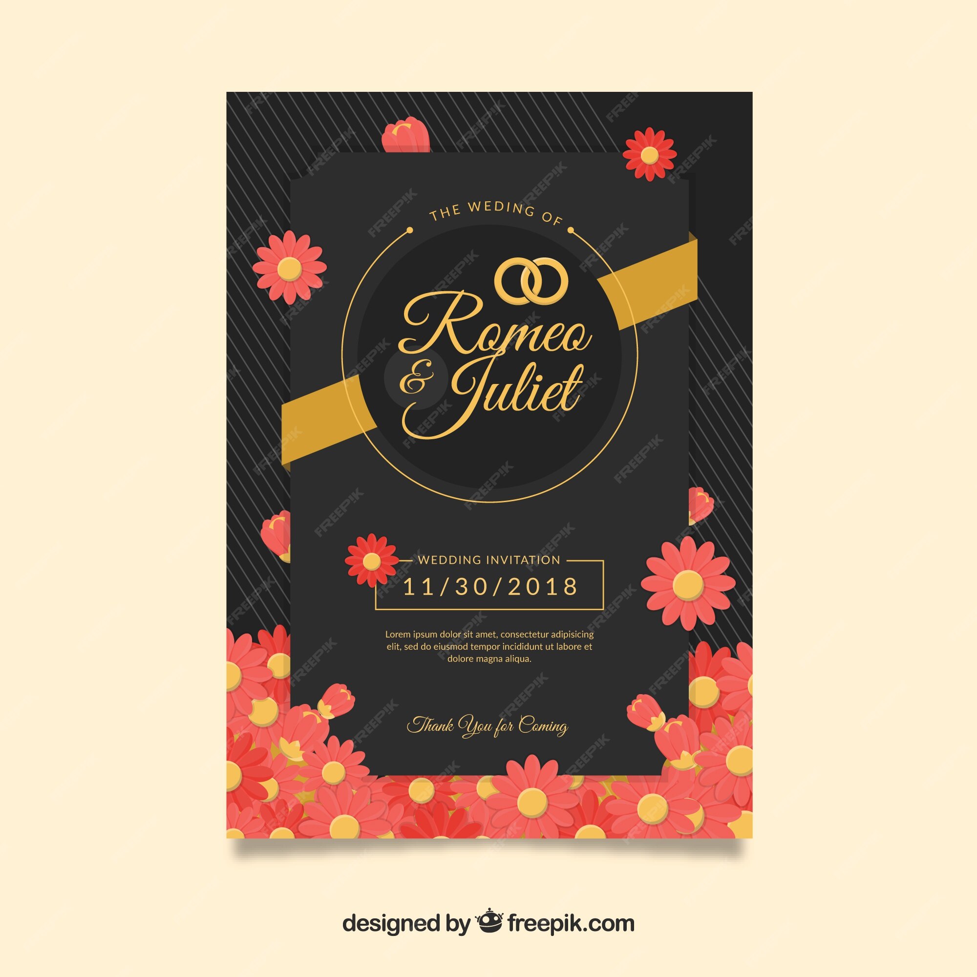 Invitación de boda negra plana con flores rojas | Vector Gratis Invitación de boda negra plana con flores rojas | Vector Gratis