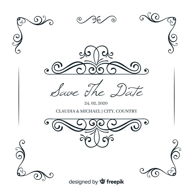 Invitación de boda ornamental para guardar la fecha