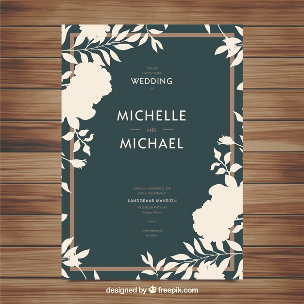 Invitación de boda con ornamentos florales en estilo plano